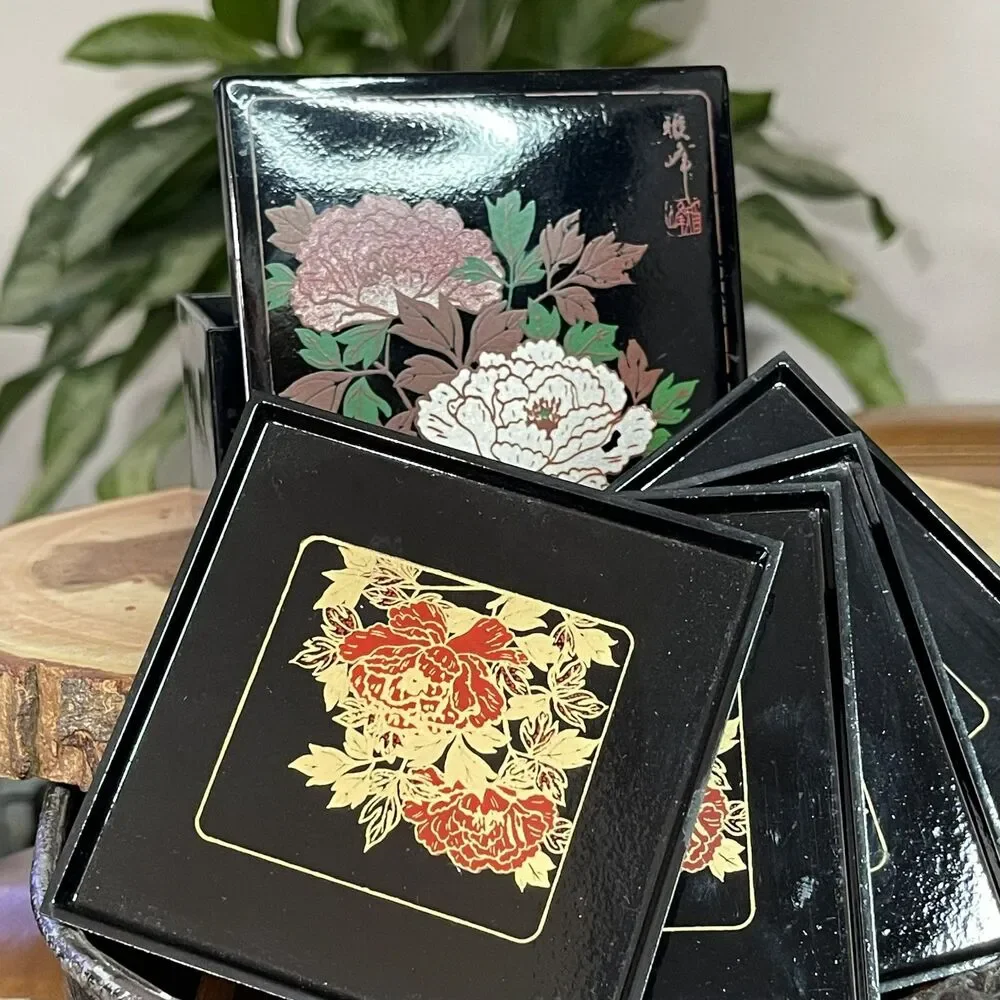 Vintage‎ Japanese Lacquerware Coaster Set with Box – Hand-Painted Floral Gold